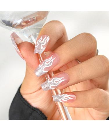 Sethexy French long coffin false nails handmade glitter flame nail nails glossy simple acrylic false nails nail art in salon quality removable for women and girls - Buy Online on GoSupps.com
