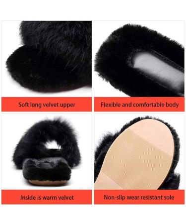 Black Fluffy Sliders Faux Fur Fluffy Slippers Women Slippers Fashion Ladies Shoes Furry Flip Flops Fur Slides with Arch Support Female Flat Sandals Autumn Slides for Indoor Outdoor (D 24.5CM) (C 24 C 24.5CM - Buy Online on GoSupps.com