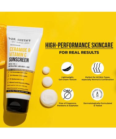 Dr. Sheth's Ceramide & Vitamin C Sunscreen SPF 50+ | UVA UVB Protection | Unisex One Step Routine | 1.76 Oz - Buy Online on GoSupps.com