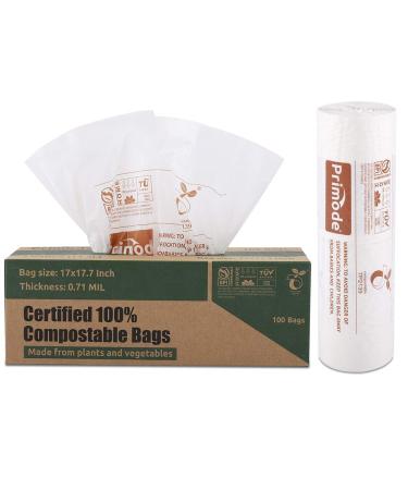 Primode 100% Compostable Bags, 3 Gallon Food Scraps Yard Waste Bags, 100 Count, Extra Thick 0.71 Mil. ASTMD6400 Compost Bags Small Kitchen Trash Bags, Certified By BPI And TUV