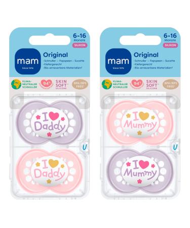 MAM Original I Love Mummy & Daddy Silicone Pacifiers 6-16 Months - 4-Pack for Girls with Sterilization Boxes - Buy Online on GoSupps.com