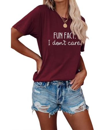 Fun Fact I Don't Care Women T-Shirt Summer Shirt Crewneck Casual Tee Short Sleeve Top Wine 3X-Large