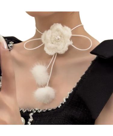Oralgo's white flower necklace flower shape pendant plush camellia collarbone chains flower necklace light jewelry plush
