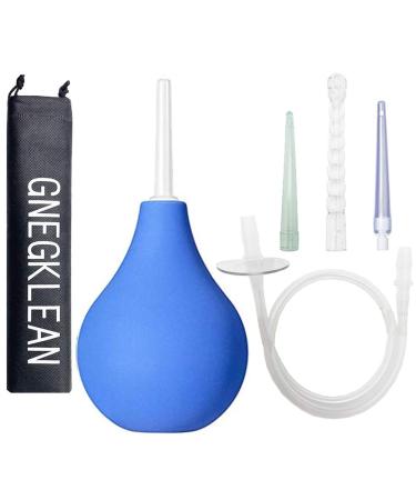GNEGKLEAN Black Silicone Enema Bulb Kit 7.6oz Clean Anal Douche for Men Women with 19.7in Hose+4 Replaceable Nozzle (Blue)