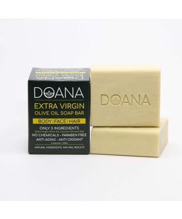 Doana Olive Oil Soap Bar  250gr / 8oz. Unscented  Artisan Cold Processed With Coconut Oil  Facial & Body Cleansing (2 Bars). Only 3 Ingredients 2 Count (Pack of 1)