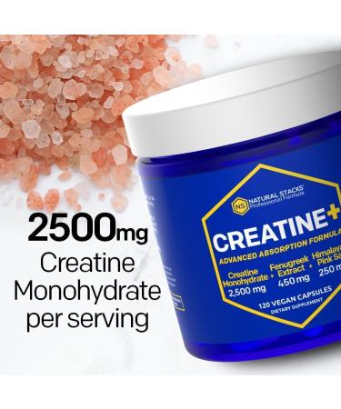 NATURAL STACKS Creatine Monohydrate Pills 2500mg - Boost Muscle Building & Brain Health | 120 Maximum Absorption Capsules with Himalayan Salt & Fenugreek - Buy Online on GoSupps.com