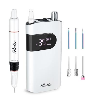 Belle Electric Nail Drill  35000RPM Coreless Professional Nail Efile with 6 Nail Drill Bits & Sanding Bands  Rechargeable Nail Drill for Acrylic Gel Nails  White