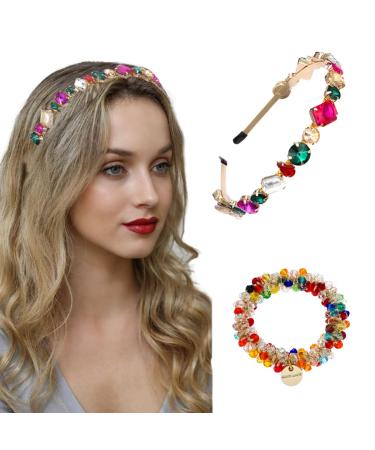 Sinalty Baroque Rhinestone Headbands Thin Hairband with Beaded Hair Ties Colorful Crystal Head Band Party Hair Hoop Jewelry for Women (Fashion)