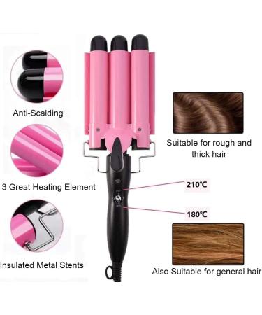 3 Barrel Curling Iron 25mm | Temperature Adjustable Crimper Hair Iron | Ceramic Tourmaline | Fast Heating Curling Wand | Pink - Buy Online on GoSupps.com