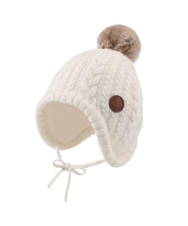 XIAOHAWANG Winter Baby Boys Hat Velvet Lining Toddler Kids Beanie Earflap Warm Baby Hats for Girls with Pompom 6-18 Months White