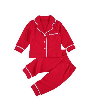 Kids Baby Boy Girl Cotton Pajamas Set PJS Long Sleeve Button Down Sleepwear 2 Piece Tops Pants Nightwear Homewear 18-24 Months Solid Red