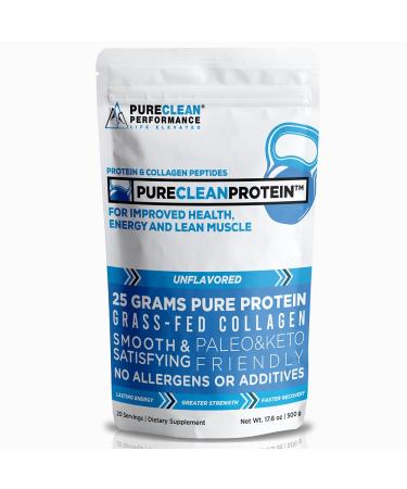 PureClean Protein - Organic Grass-Fed 25G Beef Protein Powder + 15G Collagen - Gluten Free Sugar Free Dairy Free - 100% Paleo Keto HydroBEEF Bone Broth Protein - (20 Servings/500 Grams) Unflavored 1 Bag Unflavored
