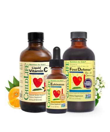 ChildLife Essentials Immune Support Bundle - Contains Liquid Echinacea, First Defense & Vitamin C - Immune Booster for Kids, All-Natural, Allergen-Free - Natural Orange Flavor, 1 Oz Bottle (Pack of 3)