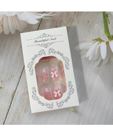 24Pcs Cute Pink French Press On Nails - Almond Shape Bow & Pearl Design - Luxury False Nails for Women - Full Cover Acrylic Manicure Accessories - Buy Online on GoSupps.com
