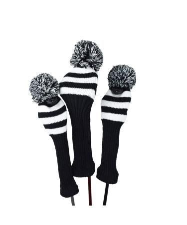 Hauni Stripes Knitted Golf Club Head Covers 3 Piece Set 1 3 5 Driver and Fairway HeadCovers Fits 460cc Drivers Black white stripes
