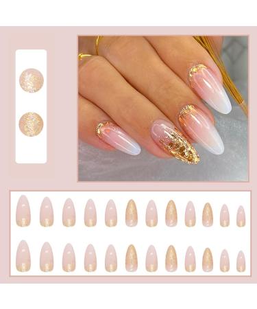 24Pcs Short Almond Pink French Tip Press on Nails with Gold Glitter - DIY Stiletto Acrylic False Nails for Women and Girls - Includes Glue Stickers - Buy Online on GoSupps.com