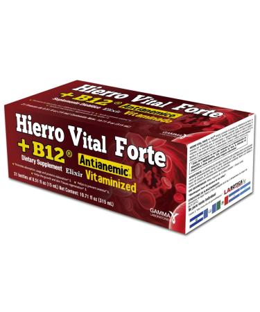 HIERRO VITAL FORTE + B12 Dietary Supplement - Anti-Anemic Vitaminized Promotes Absorption Usage and Proteins Elaboration 21 Bottles (0.51 fl oz Each)