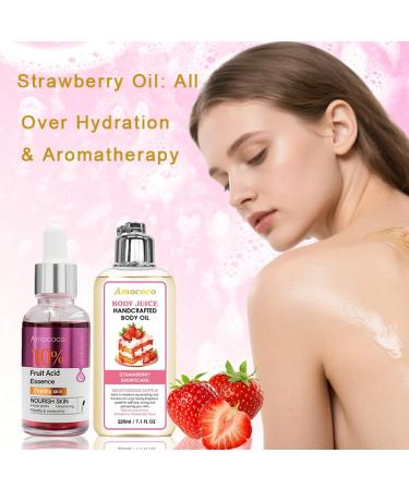 Amococo Body Care Duo: Strawberry Shortcake Body Oil (220ml) + 10% Fruit Acid Essence (30ml) | Moisturizing & Radiance-Boosting - Buy Online on GoSupps.com