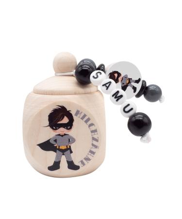Tooth box milk teeth boys personalized SUPERHERO hero - tooth box for milk teeth made of black wood - as a gift letter from the tooth fairy