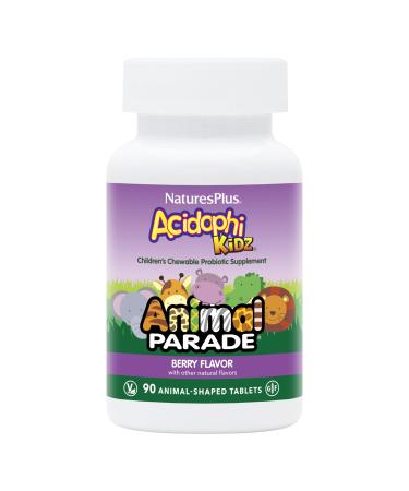 NaturesPlus Animal Parade AcidophiKidz Berry Flavor - 90 Chewable Animal-Shaped Tablets - Pack of 2 - with Probiotics FOS & Grape Seed - 180 Total Servings