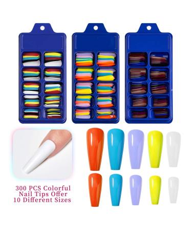 300PCS Colorful Fake Acrylic Nail Tips Kit with Nail Glue - Coffin & Stiletto False Nails Set for Professional Nail Art - Brown Blue Shades with Clipper and Buffer - Buy Online on GoSupps.com