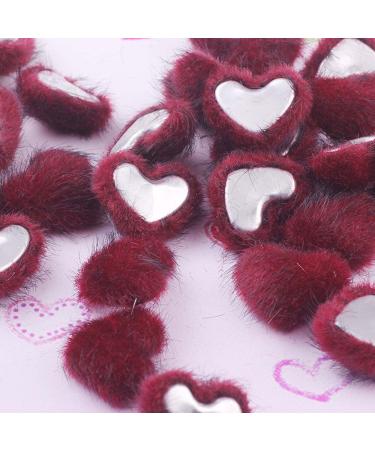 Reland Sun 20 pieces Heart -shaped nail plush balls removable nail art fluffy pompons for nails with base for nail design and decoration (dark red)