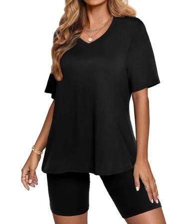AGSEEM Women's Summer Two Piece Outfit Set: V-Neck T-Shirt Top & Biker Shorts | Workout Sports Tracksuit - Black (Medium) - Buy Online on GoSupps.com