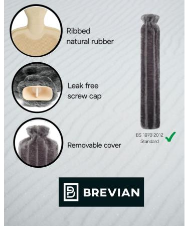 Brevian 2L Hot Water Bottle w/ Soft Faux Fur Cover - Dark Grey Long | UK - Buy Online on GoSupps.com