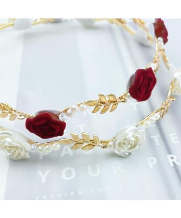 Rose Flower Pearl Headband Set - Gold Metal Floral Hairband for Wedding, Women's Hair Jewelry - Buy Online on GoSupps.com