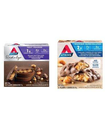 Atkins Endulge Treats Peanut Butter Cups 1g Sugar Keto-Friendly High Fibre - 10-Count & Snack Bars - Caramel Chocolaty Nut Roll 2g Sugar Keto-Friendly High Fibre 5 count Endulge Treats + Snack Bars