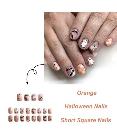 Hauntingly Chic Halloween Press On Nails | Short Square Nude Acrylic with Orange Checkerboard & Ghost Bat Design | Reusable Glue-On Artificial Nails for Women - Buy Online on GoSupps.com