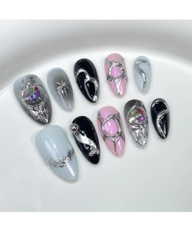 10Pc Blush Powder Almond False Nails Relief Hand drawn Bow Star Design Press on Nails Handmade Full Cover False Nail Tips(Color:3 Size:Xs)