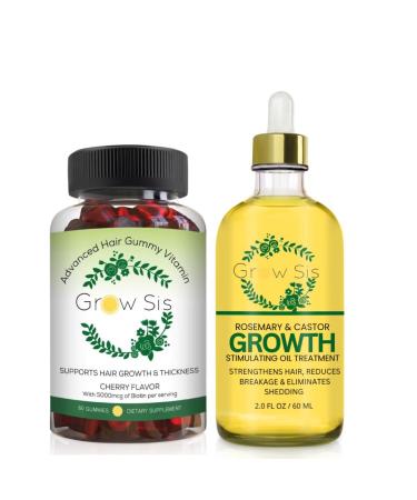 Grow Sis Hair Growth Products Bundle | Advanced Hair Gummy Biotin Vitamins 60-Count + Natural Hair Growth Serum 2.0 fl oz | Increase Hair Thickness Fight Hair Loss Boost Volume | For All Hair Type