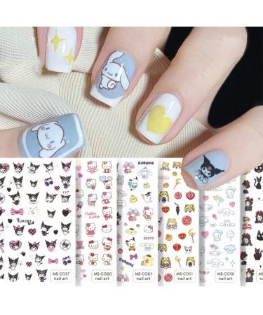 6 Sheets Kawaii Nail Stickers Decals Cute Cartoon Nail Design Stickers 3D Self-Adhesive Sticker Nail Decor Supplies for Women Girls Kids Children Day Manicure