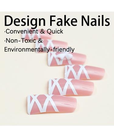 Buy 24Pcs Duck Shape Glossy Press on Nails - Medium Pink Full Cover Acrylic with Bow Designs | Reusable Fake Nails for Women & Girls - Buy Online on GoSupps.com