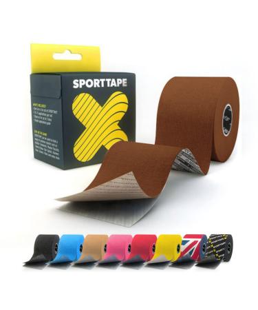 SPORTTAPE Extra Sticky Kinesiology Tape 5cm x 5m - Brown | Hypoallergenic Waterproof K Tape | Physio Medical Sports Tape for Muscle Injury Support | Uncut - Single Roll