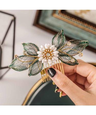 Casdre Flower Bride Wedding Hair Comb Gold Leaf Bridal Side Comb Hair Piece Party Prom Crystal Hair Accessories for Women and Girls (A Green) - Buy Online on GoSupps.com