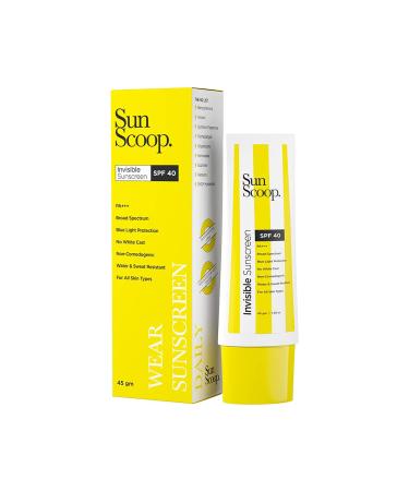 SunScoop Invisible Sunscreen Cream SPF 40 PA+++ | No White Cast | Gel Based Sunscreen | Transparent & Lightweight Water & Sweat Resistant | 1.5 Ounce