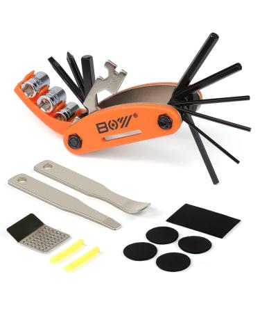 Portable Bike Repair Kit include 16 in 1 Multi Tool, 2 iron Tire Levers and 5 Pre-glued Patch Tire Patch, Metal Files, All in One Mini Tool Bag