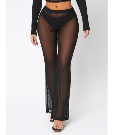 Verdusa Women's Sheer Mesh Elastic Waist Bell Bottom Trousers, X-Large Black - Buy Online on GoSupps.com