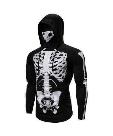 Mens Christmas/Halloween Shirt - (Skeleton) Sweatshirt Graphic Design, Long Sleeve Hoodies Drawstring Pullover Tops Black Large