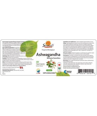 Sewanti Organic Ashwagandha Vitality Anti-stress Adaptogen Sleep aid NPN 80065084 60 Vegan High Potency Extract Capsules - Buy Online on GoSupps.com