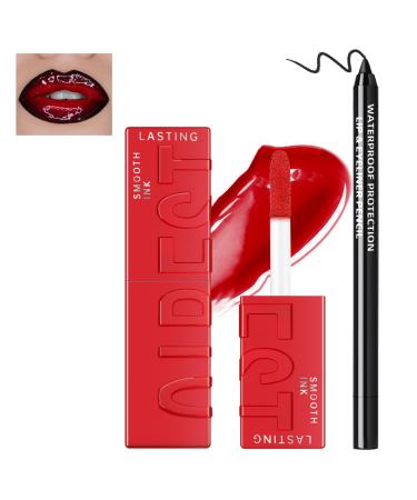 Vinyl Red Velvet Ink Liquid Lipstick with Black Lip Liner Gothic Lip Combo Halloween Makeup Long Wear Waterproof Lip Gloss Non Sticky Moisturizing Lip Stain Tint Glossy Lip Color for Women