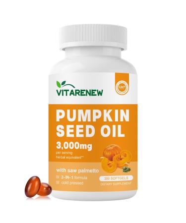 VITARENEW Pumpkin Seed Oil for Hair Growth with Saw Palmetto | 3000mg per Serving 300 Softgels | Supports Urinary & Prostate Health | Cold-Pressed Rich in Fatty Acids & Phytosterols Non-GMO