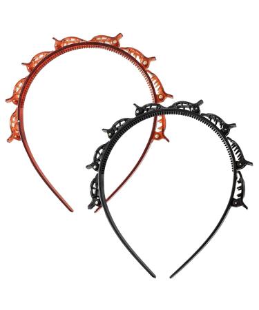 Headband with Clips - 2 Bangs Hairstyle Hairpin Headband Double Layer Band Twist Plait Headband Hairpin Hair Claw Clips Professional Weave Bangs Clip for Short Long Hair Red+Black