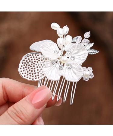Foyte Pearl Flower Hair Comb Wedding Crystal Hair Comb Silver Hair Accessories for Women and Girls