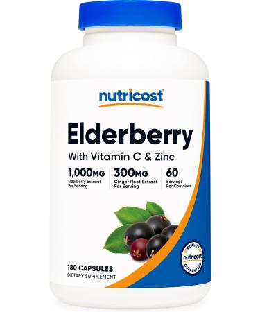 Nutricost Elderberry & Ginger Root Extract (1 300mg) with Vitamin C (500mg) Zinc (25mg) & Vitamin D (125mcg) 180 Capsules - Vegetarian-Friendly Supplement GMO-Free Gluten-Free 60 Servings