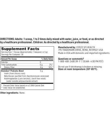 SFI Health Klaire Labs Biotagen Powder - Prebiotic Inulin, Beta-Glucan & Arabinogalactan to Support Gut Microbiota (30 Servings, 150 Grams) - Buy Online on GoSupps.com