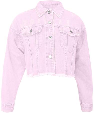 Buy Haiorziyou Women's Cropped Denim Jacket - Light Wash Plus Sizes Stylish Blouse with Revers Button & Distressed Design - XS Pink - Buy Online on GoSupps.com