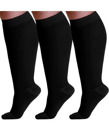 (3 pack) Wide Calf Compression Support Stockings for Men and Women Circulation 20-30mmHg - Plus Size Compression Knee Hi Prevents Swelling Pain Varicose Veins Edema - Black 4X-Large 4X-Large Black